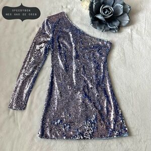 Bardot One Shoulder Mermaid Blue Sequin Mini Dress Medium